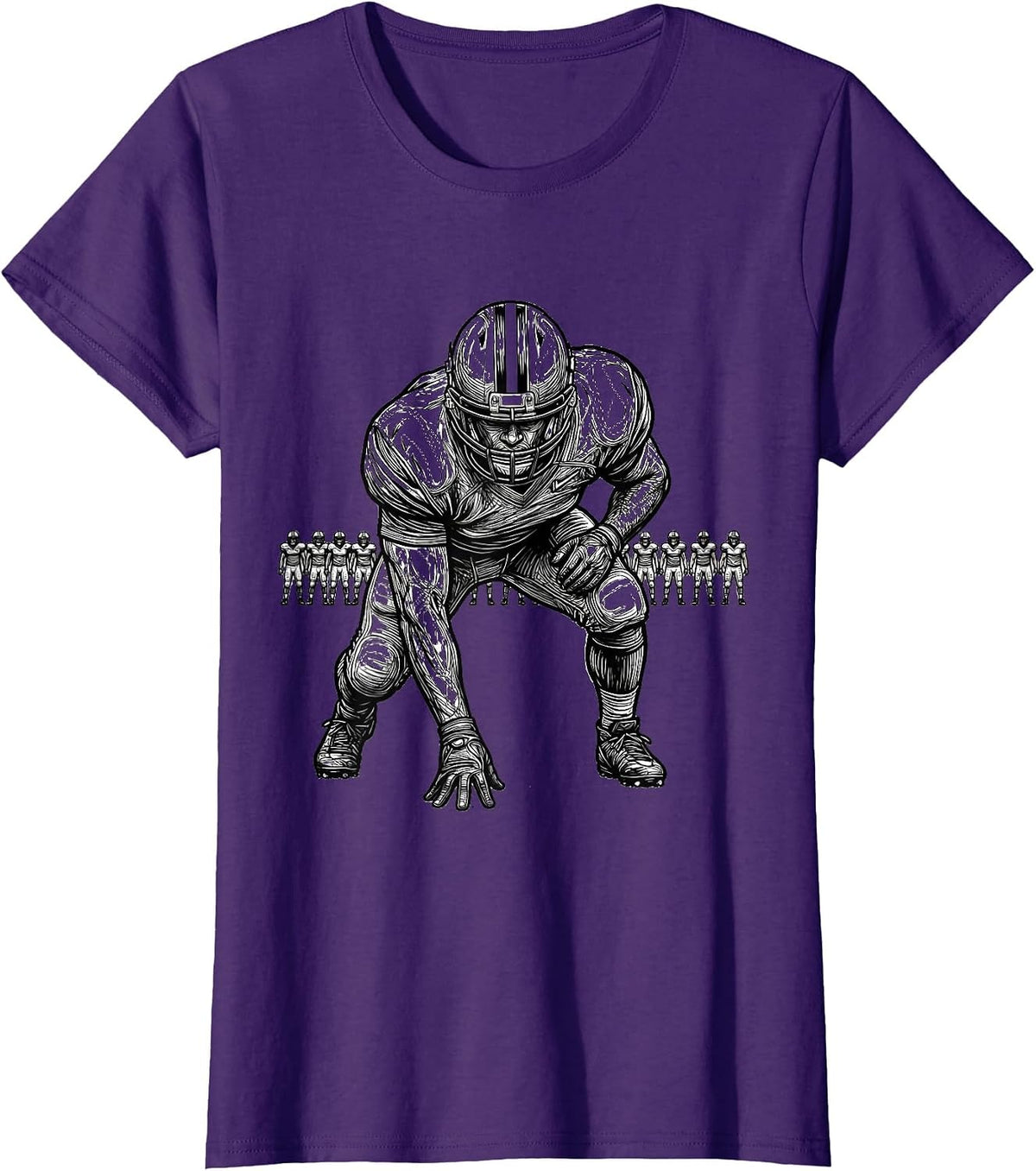 Women's Lineman Three-Point Stance Line Art Football Fan Humor T-Shirt - Purple