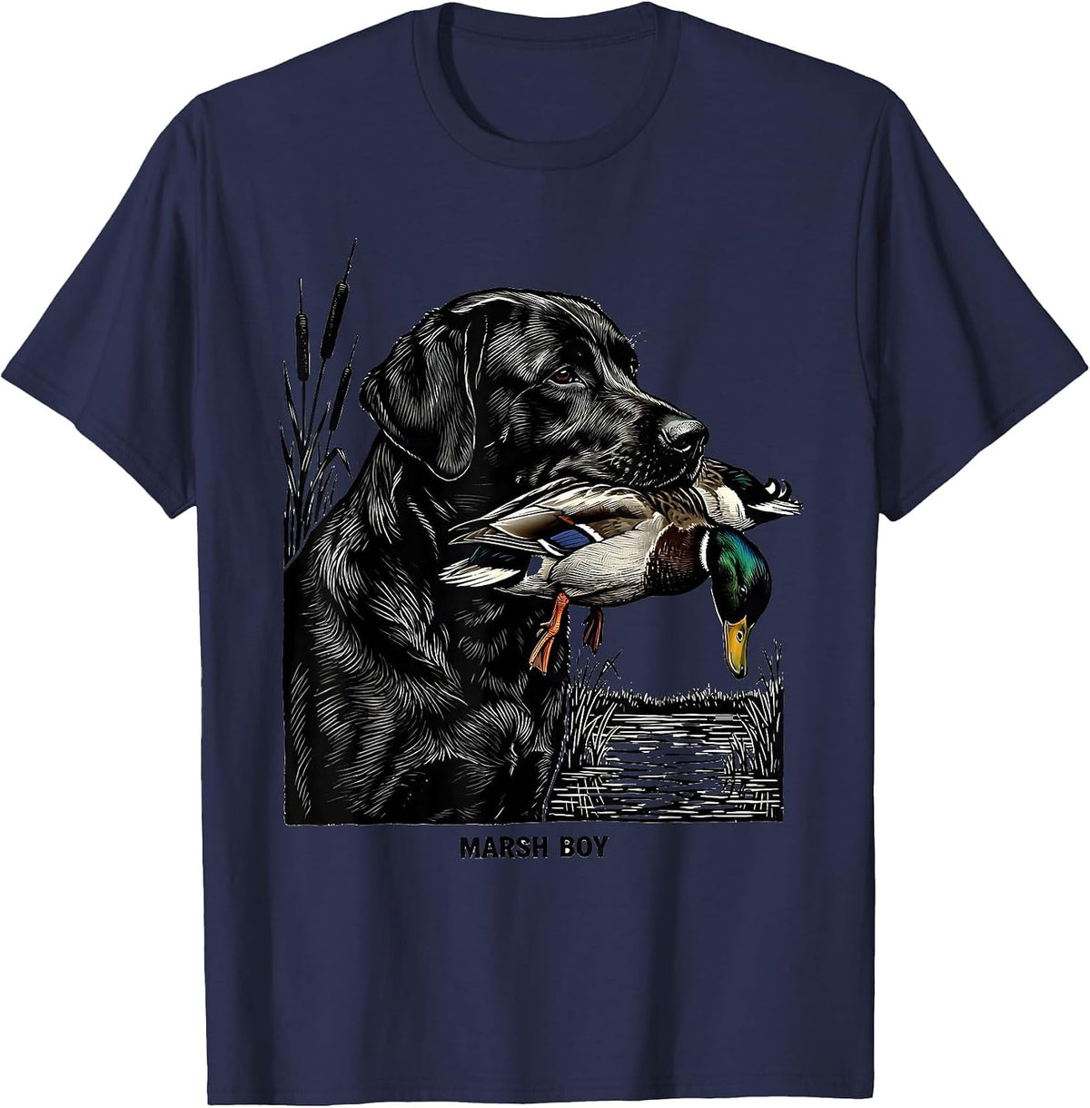 Marsh Boy Linocut Black Lab Duck Hunting Southern Pride T-Shirt - Navy Blue