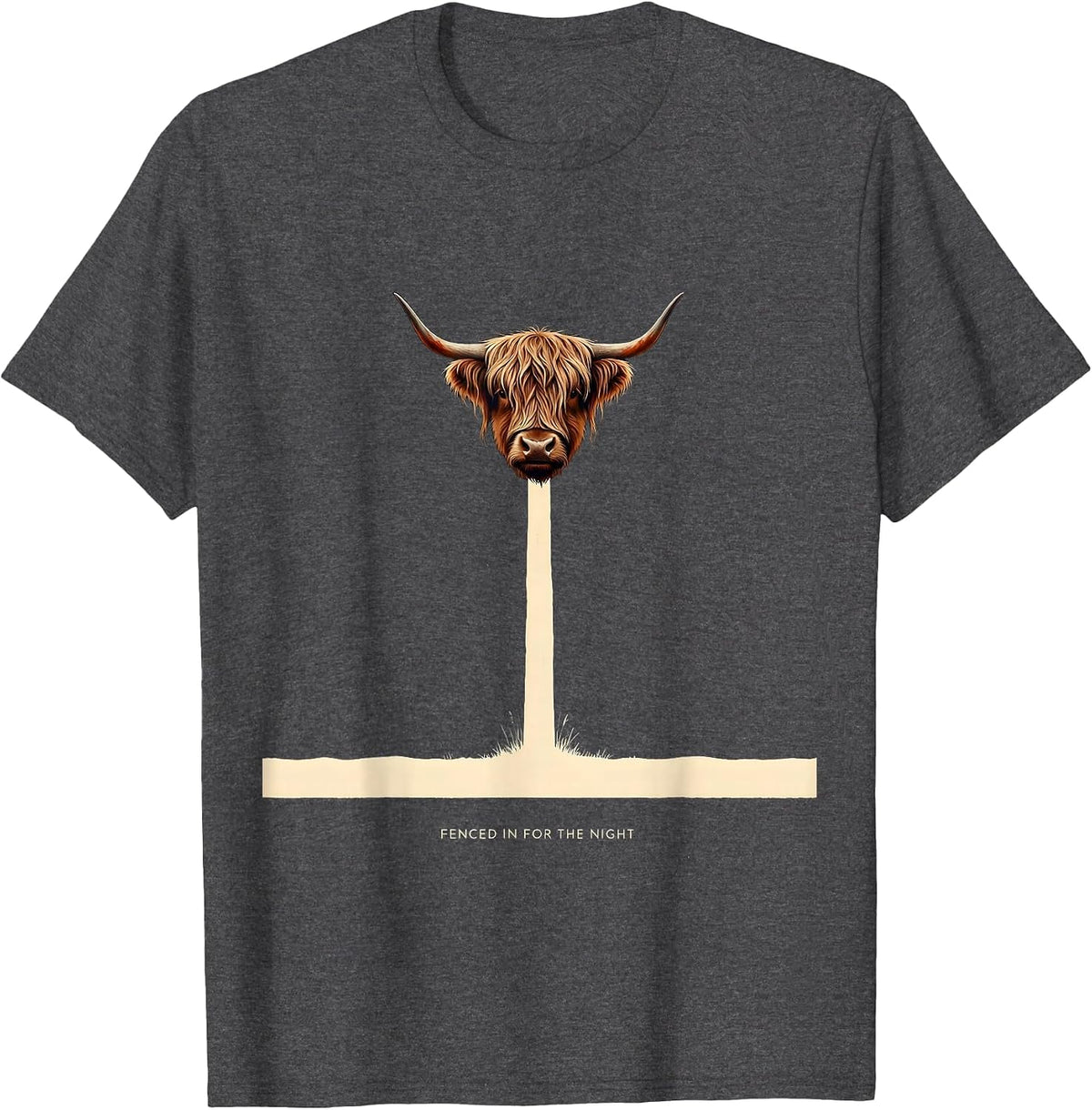 Fenced In For The Night Funny Highland Cow Sleepwear Humor T-Shirt - Dark Heather Grey