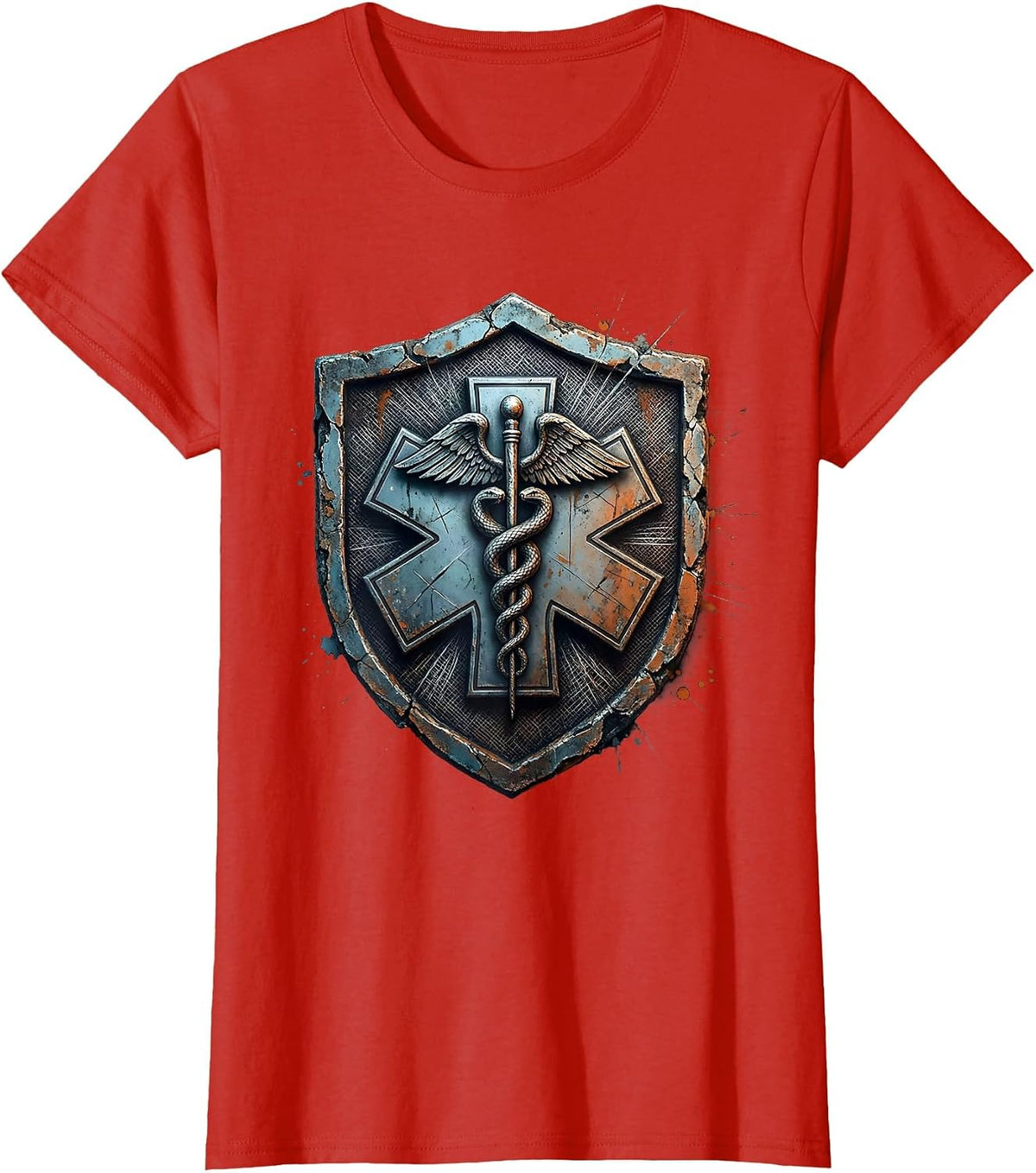 EMT Badge Caduceus Star of Life Graphic T-Shirt - Red