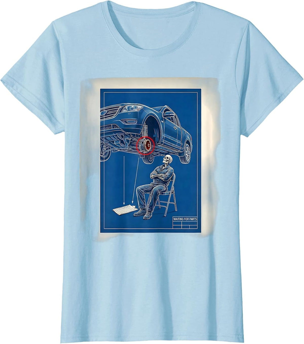 WAITING FOR PARTS Funny Mechanic Skeleton Auto Repair T-Shirt - Baby Blue