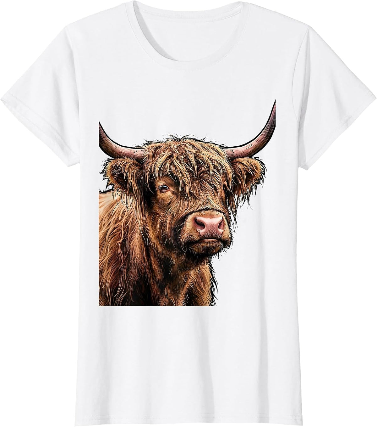 Women's Shaggy Highland Cow Head Farm Animal Humor Novelty T-Shirt - White