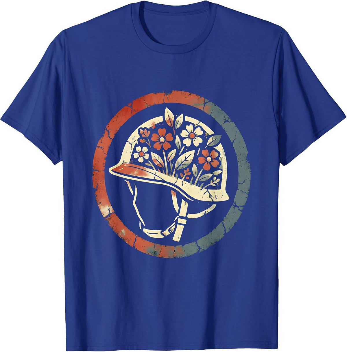 Red White Blue Soldier Helmet Wildflowers Graphic T-Shirt - Royal Blue