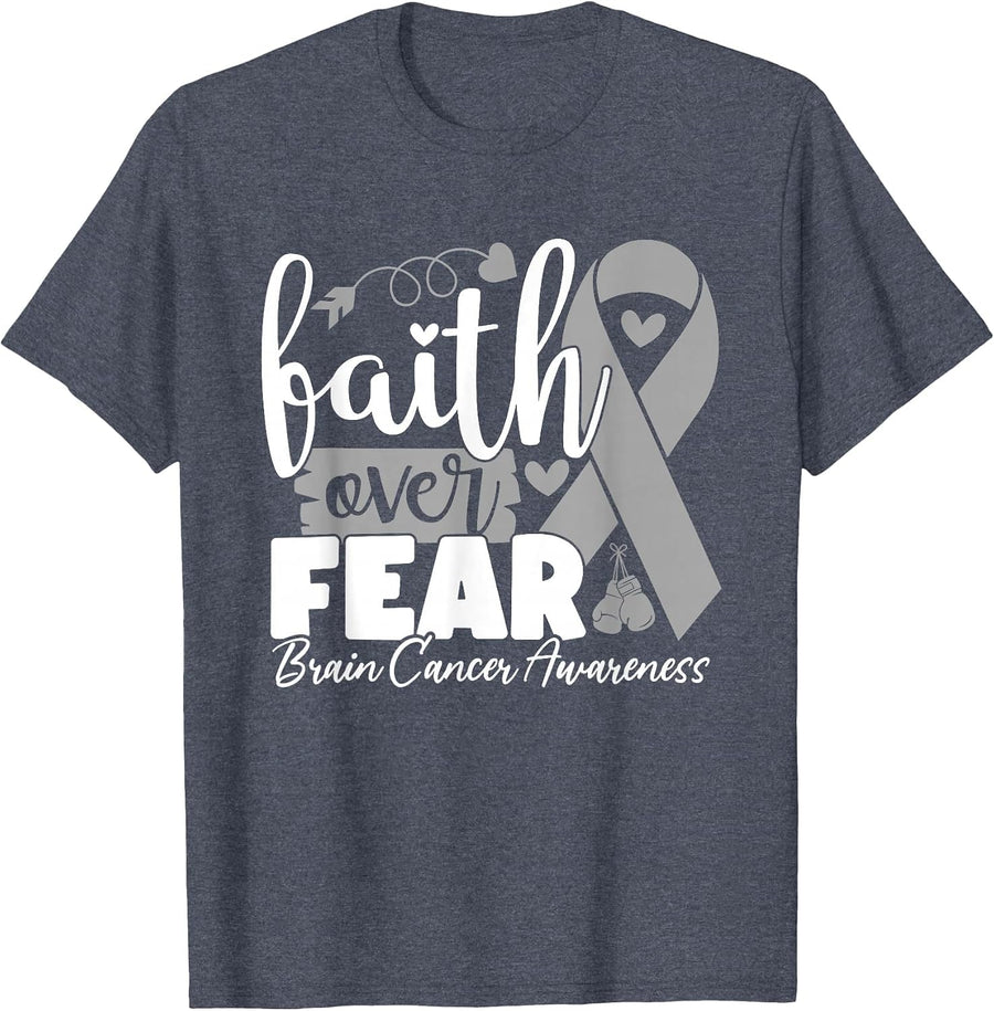 Faith Over Fear Chemotherapy Gray Ribbon Brain Tumor T-Shirt - Heather Blue