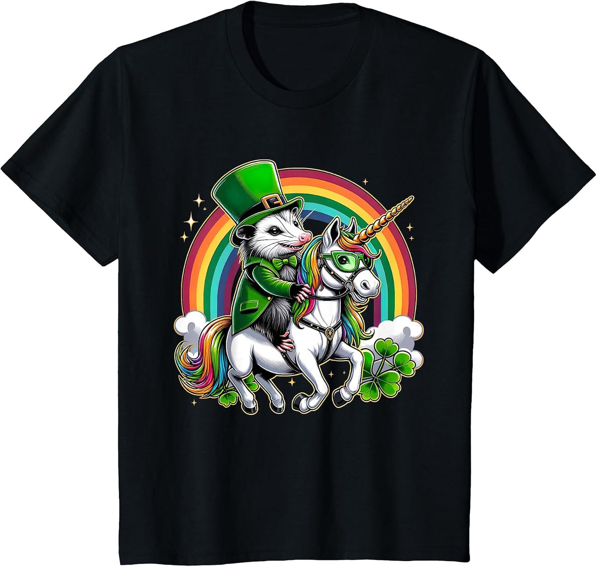 Funny Opossum Leprechaun Riding Unicorn St Patricks Day T-Shirt - Black