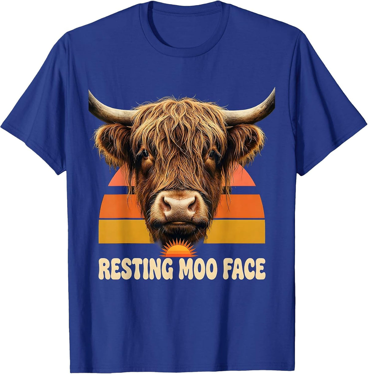 Men's Resting Moo Face Retro 70s Funny Highland Cow Farm Animal T-Shirt - Royal Blue