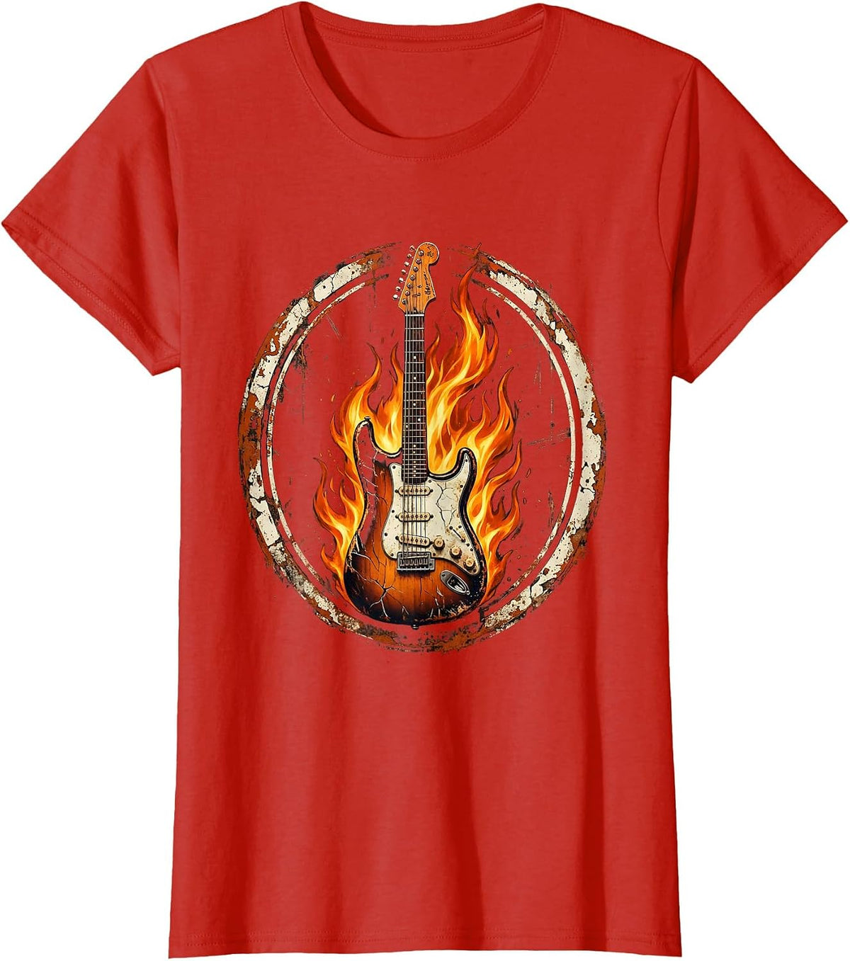 Women's Vintage Rock Electric Guitar Engulfed in Flames T-Shirt - Red