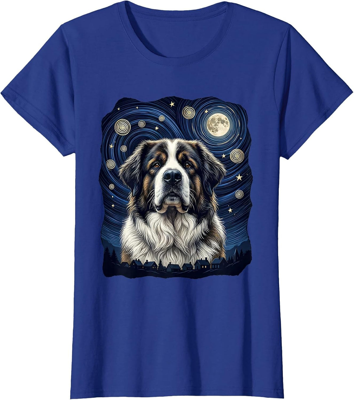 Women's Great Pyrenees Van Gogh Style Starry Night Portrait T-Shirt - Royal Blue