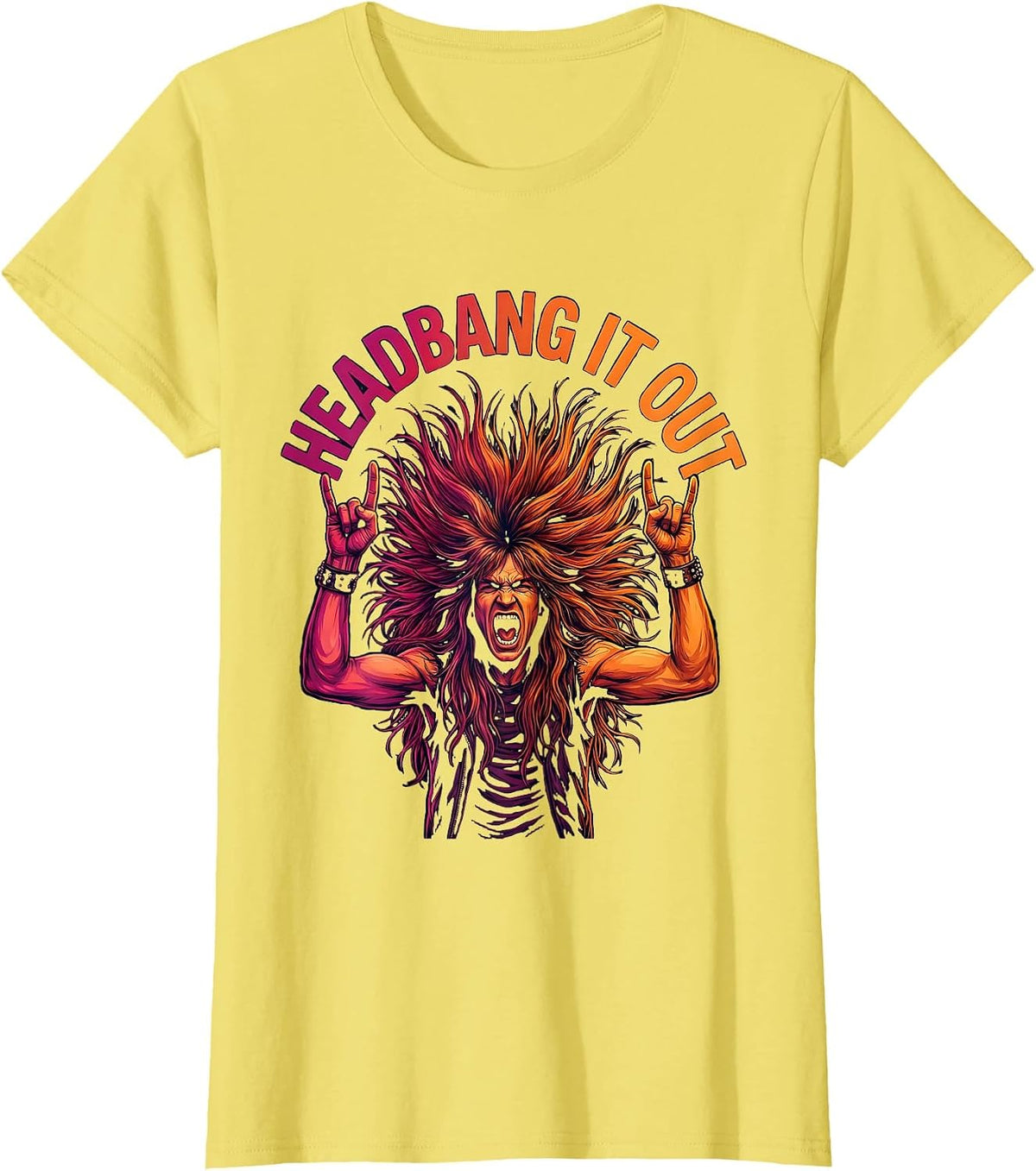 Headbang It Out Rock and Roll Graphic Design T-Shirt - Lemon Yellow