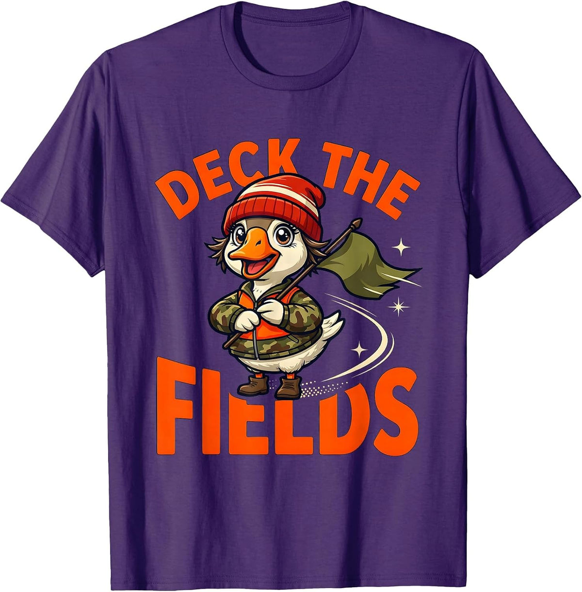 DECK THE FIELDS Funny Cartoon Goose Hunter Christmas T-Shirt - Purple