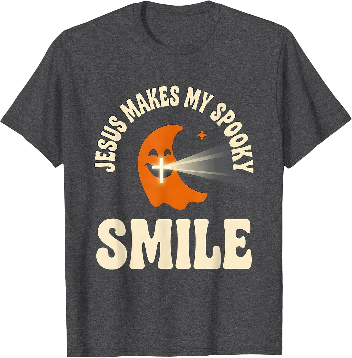 Jesus Makes My Spooky Smile Faith Over Fear Halloween Humor T-Shirt - Dark Heather Grey