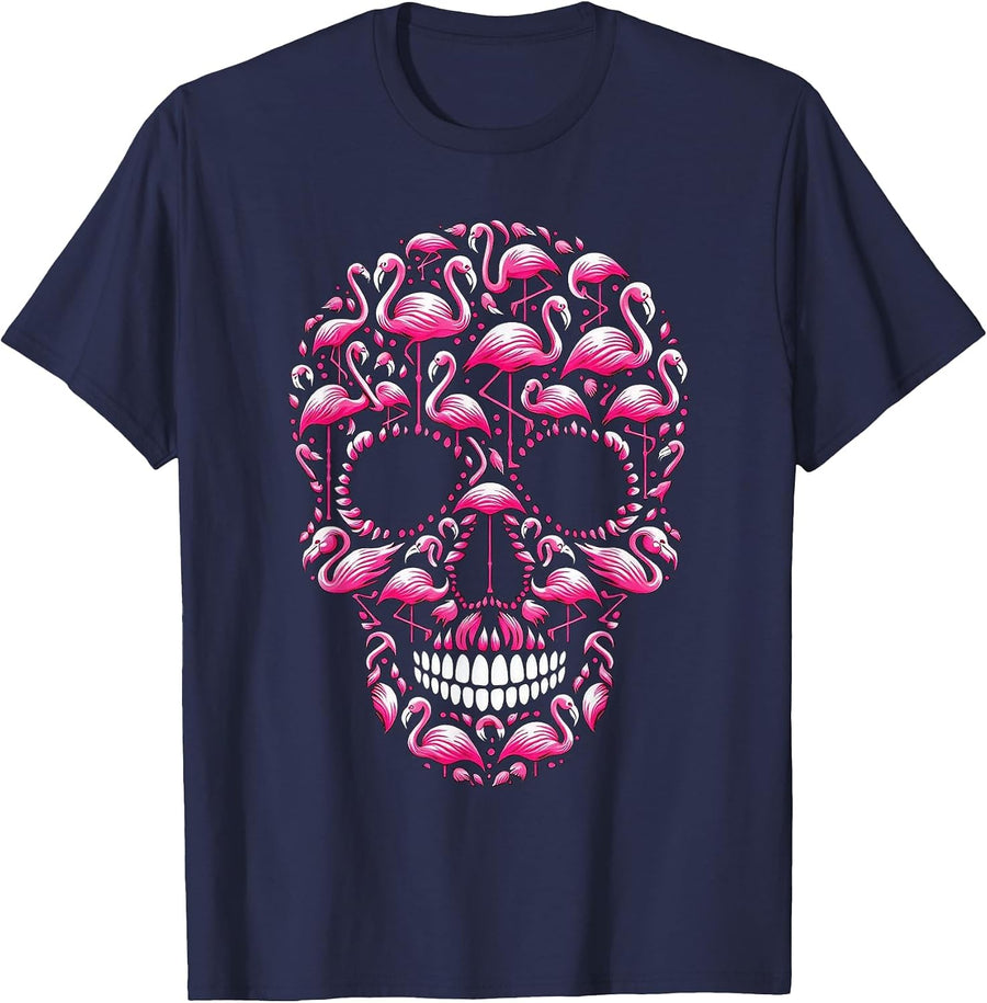 Flamingo Skull Halloween Party T-Shirt - Navy Blue