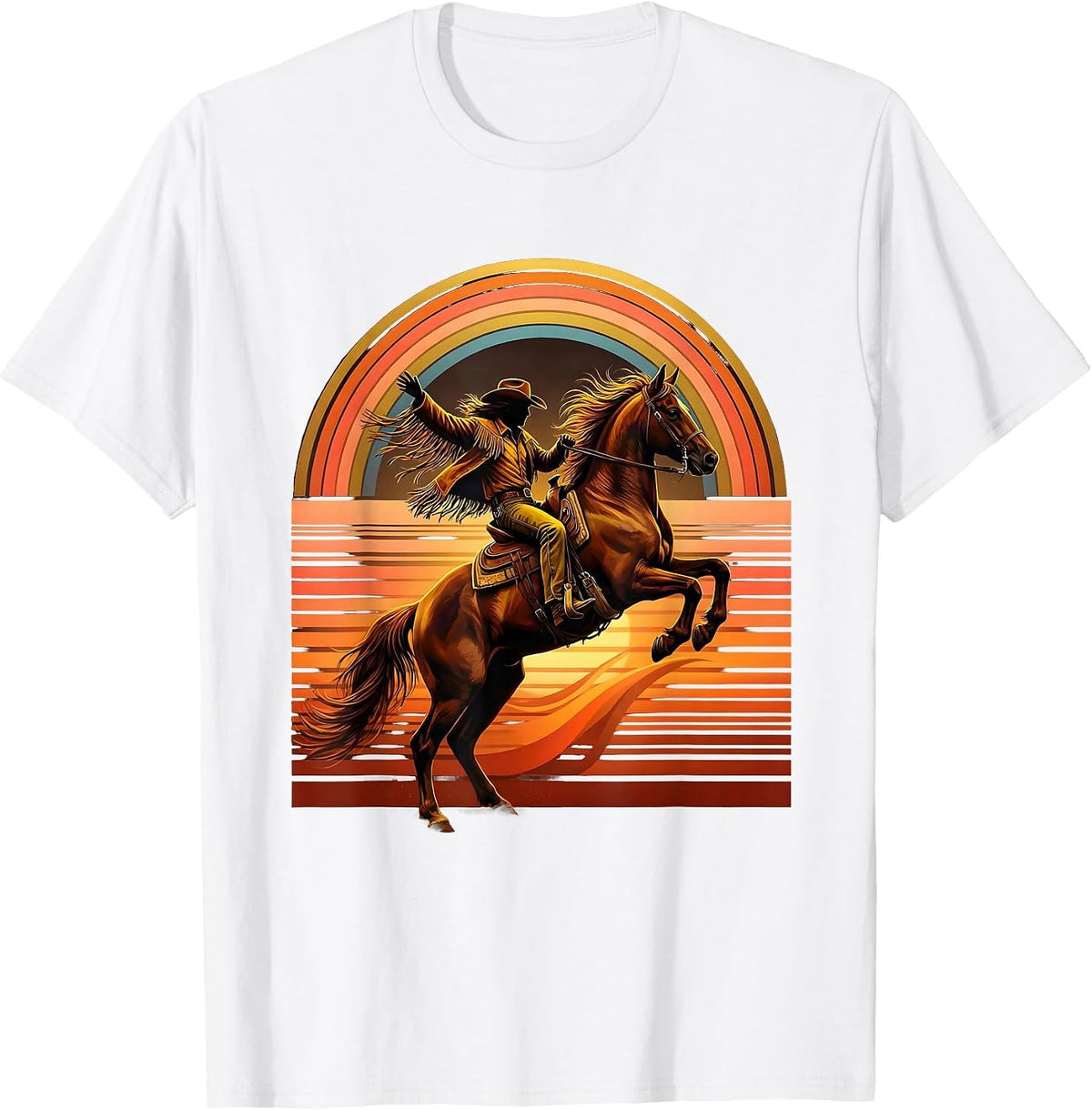 Cowgirl Leaping Off Horse at Sunset Graphic T-Shirt - White