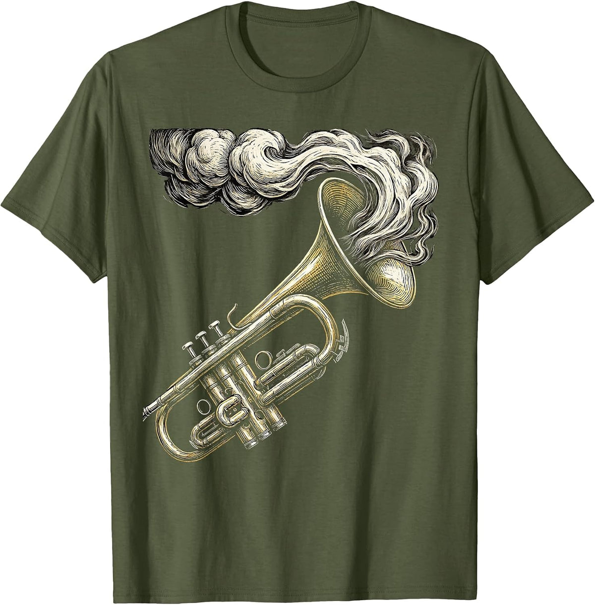 Trumpet With Smoke Curling From Bell Graphic T-Shirt - Olive Green