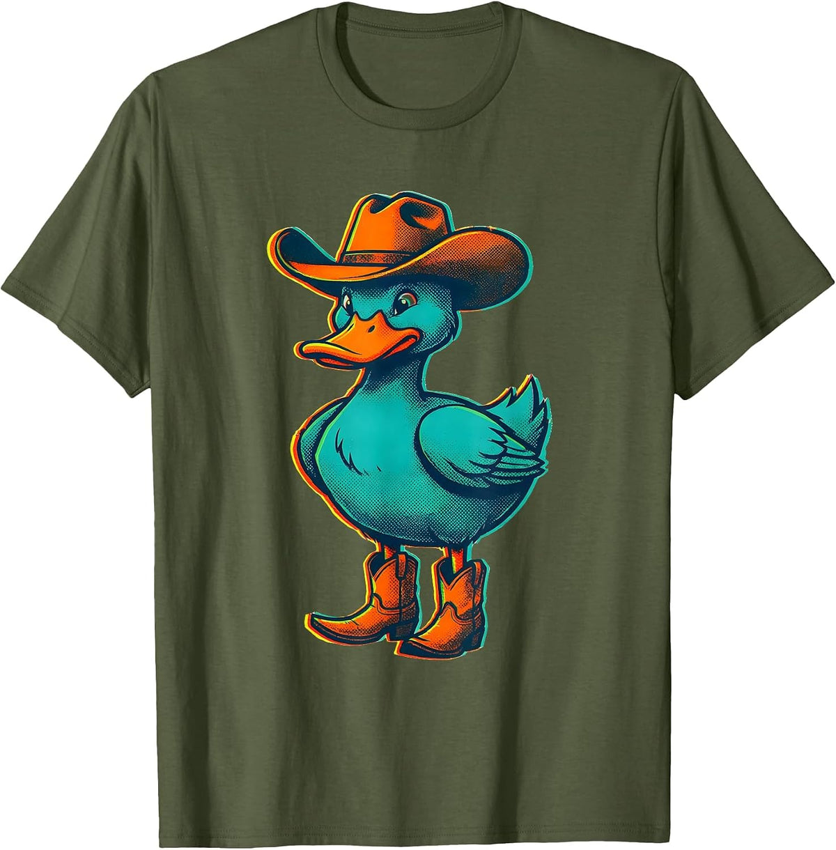 Duck in Cowboy Hat and Boots Western Illustration T-Shirt - Olive Green
