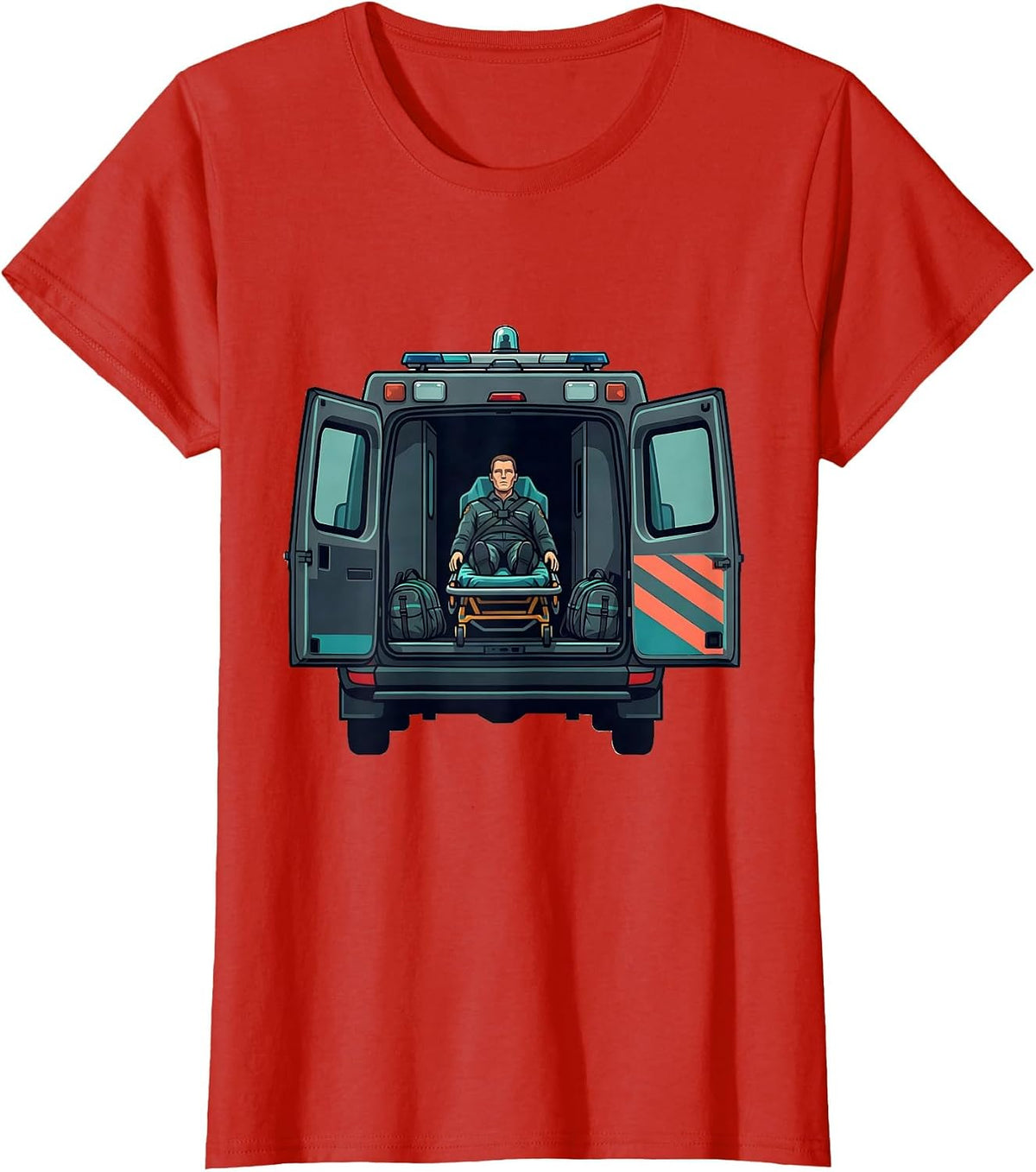 Ambulance Mannequin Stretcher Flat Vector EMT Paramedic T-Shirt - Red
