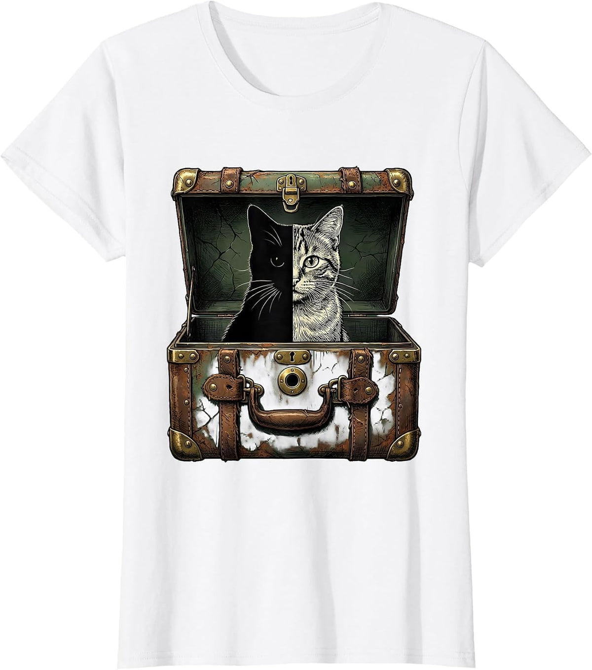 Worn Steamer Trunk Quantum Physics Cat Humor T-Shirt - White