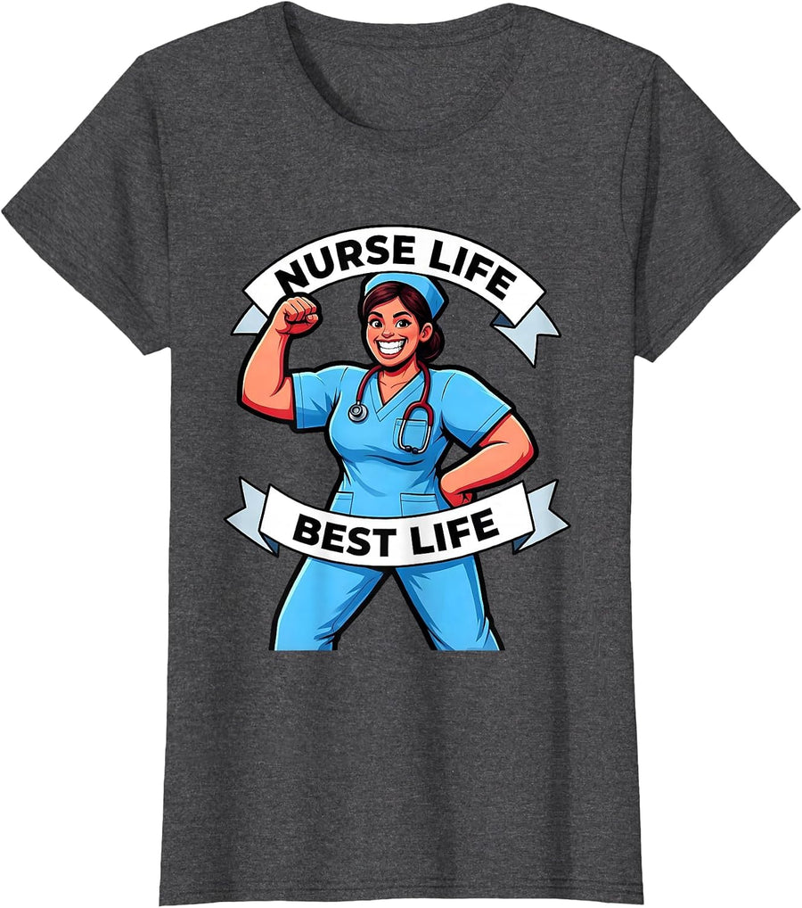 Women's Nurse Life Best Life Labor Day Medical Worker Design T-Shirt - Dark Heather Grey
