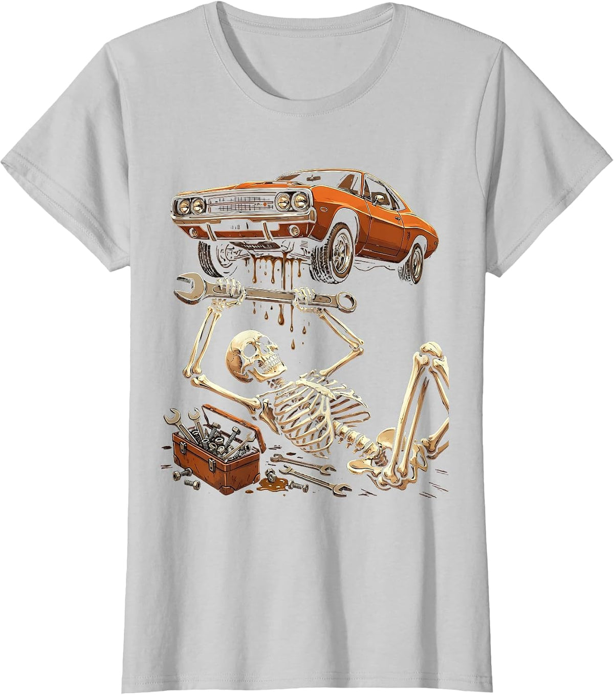 Women's Skeleton Mechanic Under Raised Car Graphic T-Shirt - Silver Grey