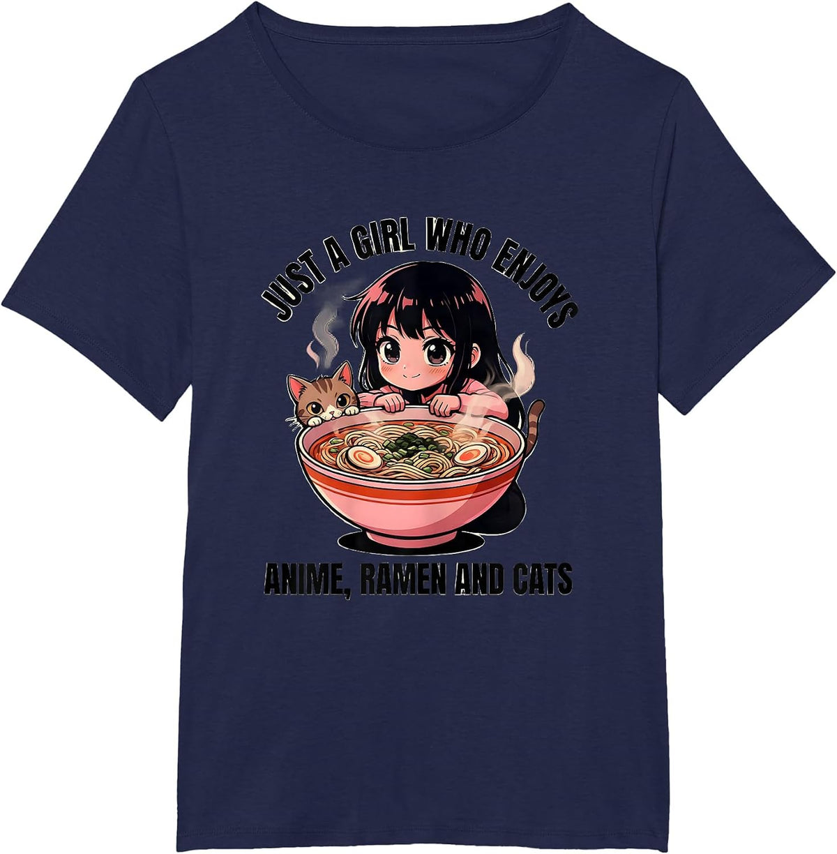 Women's Just A Girl Who Enjoys Anime Ramen And Cats Anime Lover T-Shirt - Navy Blue