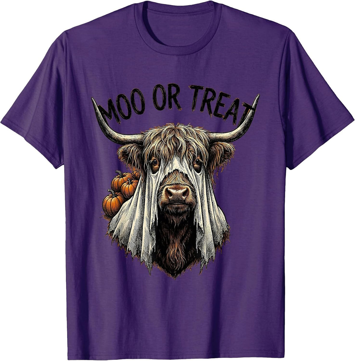 Moo Or Treat Vintage Highland Cow Halloween Pumpkin Ghost T-Shirt - Purple