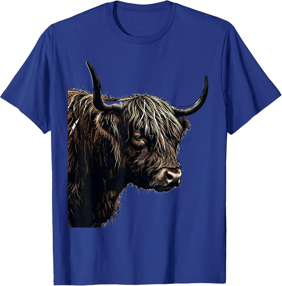 Highland Cow Stencil Graphic Farm Humor Novelty T-Shirt - Royal Blue