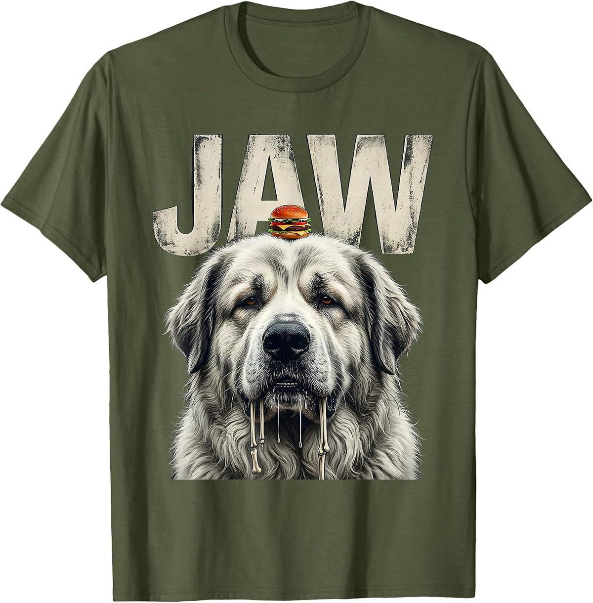 Men's JAW Funny Great Pyrenees Jowls Drooling Dog Mom Dad Burger T-Shirt - Olive Green
