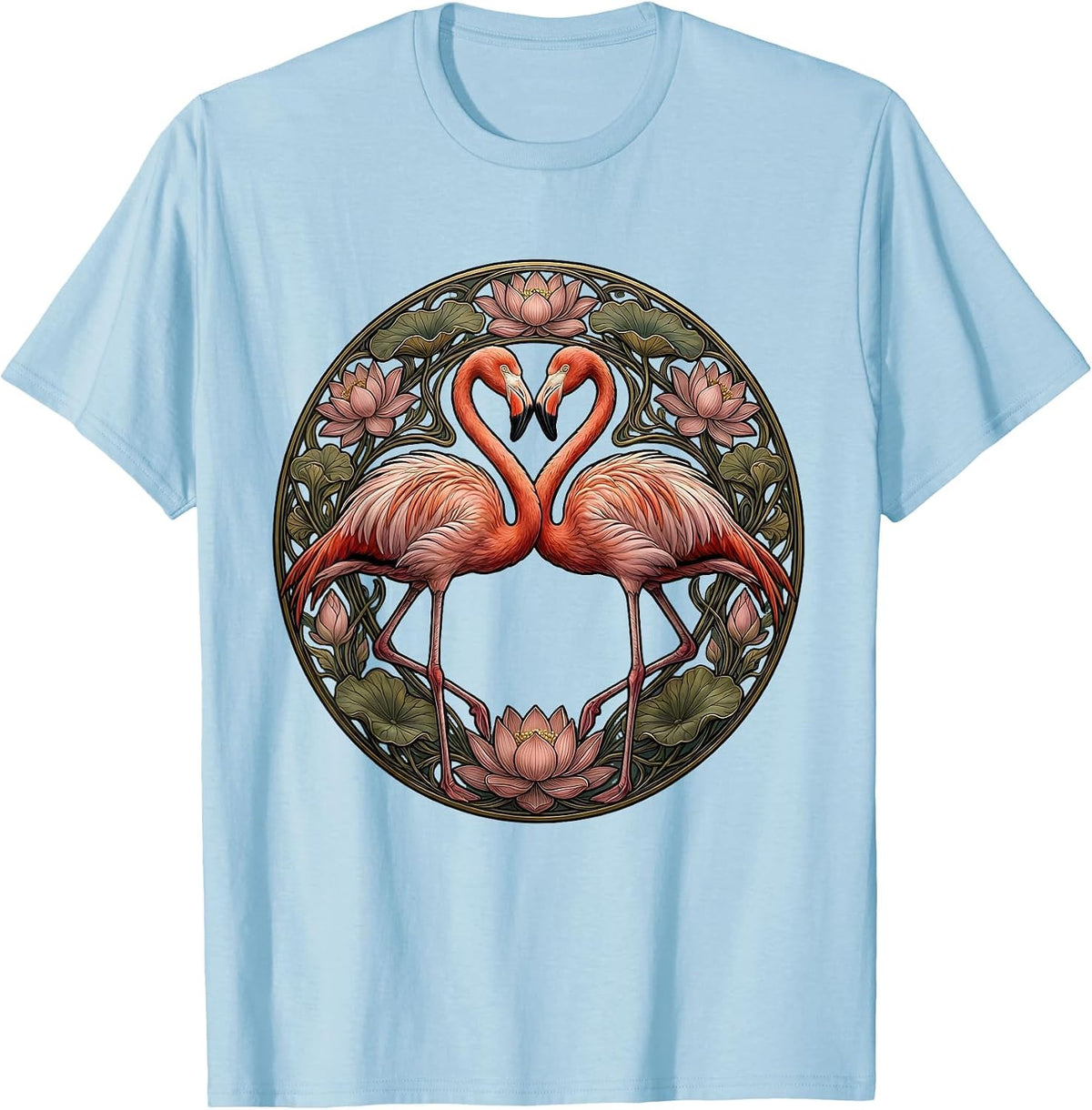Flamingo Love Heart Romantic Wildlife Illustration T-Shirt - Baby Blue