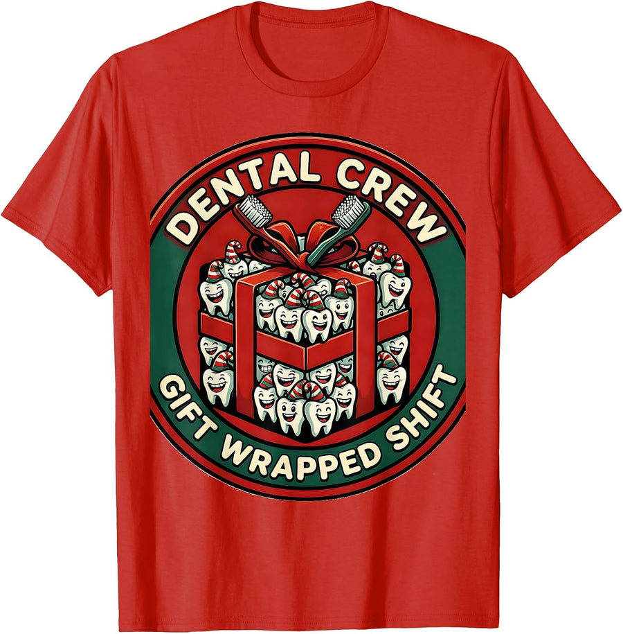 Men's Dental Crew Gift Wrapped Shift Cartoon Dental Team Holiday T-Shirt - Red