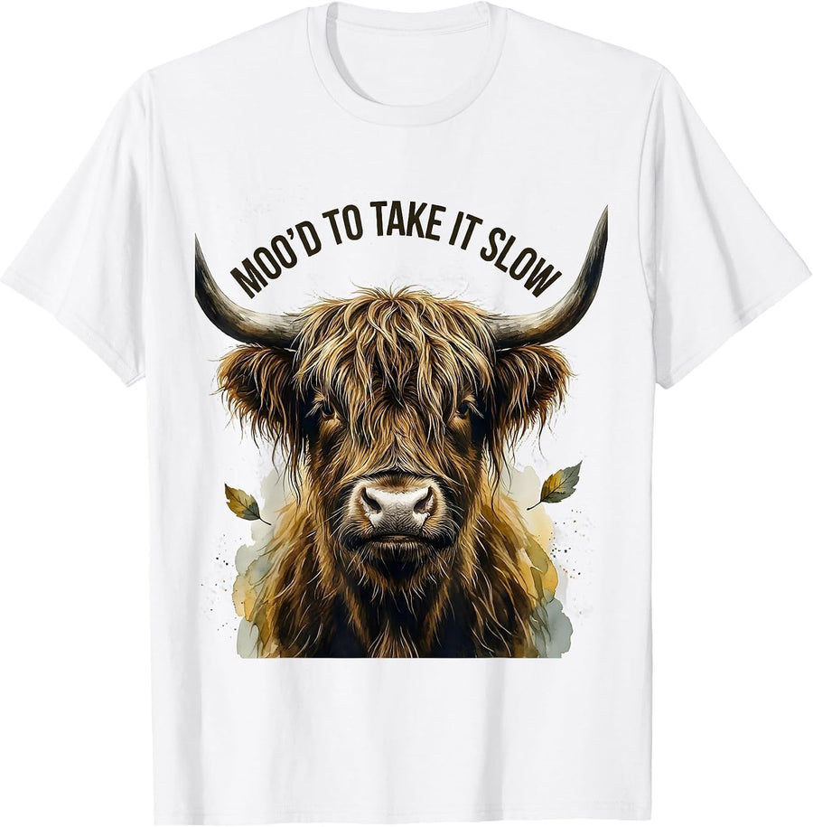 Men's Moo'd To Take It Slow Funny Highland Cow Farm Animal Humor T-Shirt - White