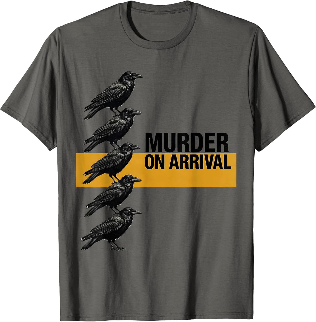 Murder On Arrival Midcentury Modern Crow Pun Bird Lover T-Shirt - Asphalt Grey