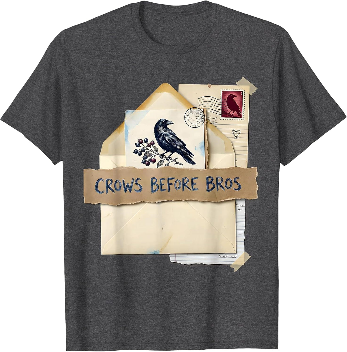 Crows Before Bros Funny Crow Loyalty Design T-Shirt - Dark Heather Grey