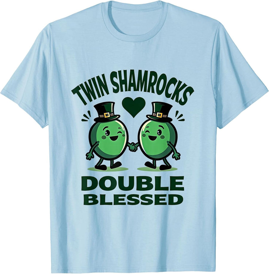 Twin Shamrocks Double Blessed St Patricks Day T-Shirt - Baby Blue