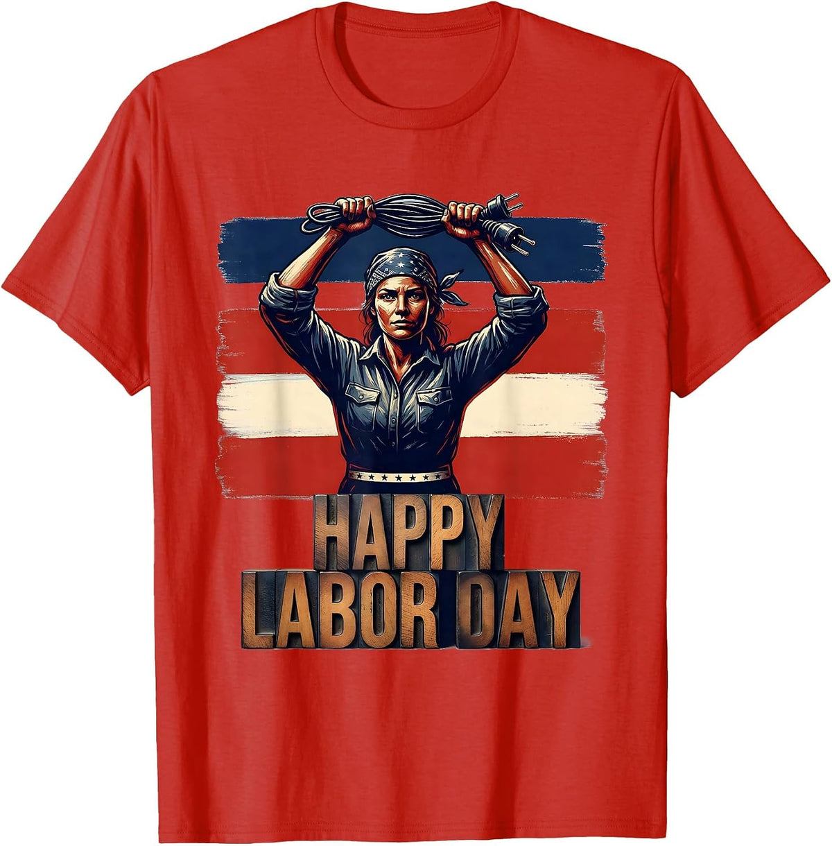 Men's Happy Labor Day Patriotic Woman Electrician Wood Type T-Shirt - Red