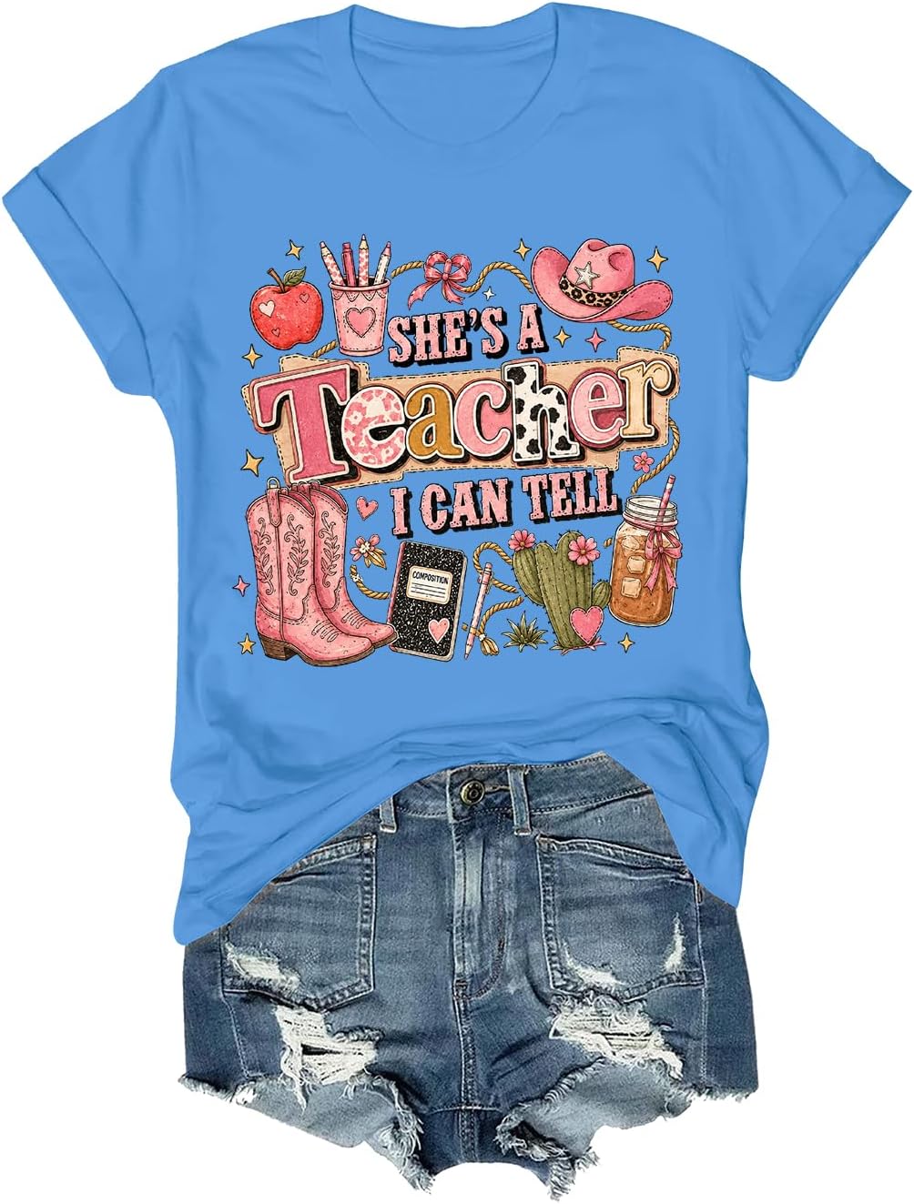 She's A Teacher I Can Tell Shirt Men Women Graphic Short Sleeve T-Shirt Tee - Crewneck Carolina Blue