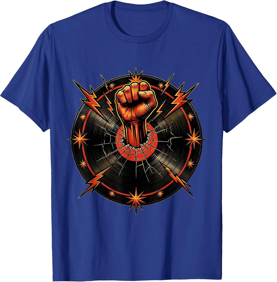 80s Rock Fist Through Vinyl Record Graphic T-Shirt - Royal Blue