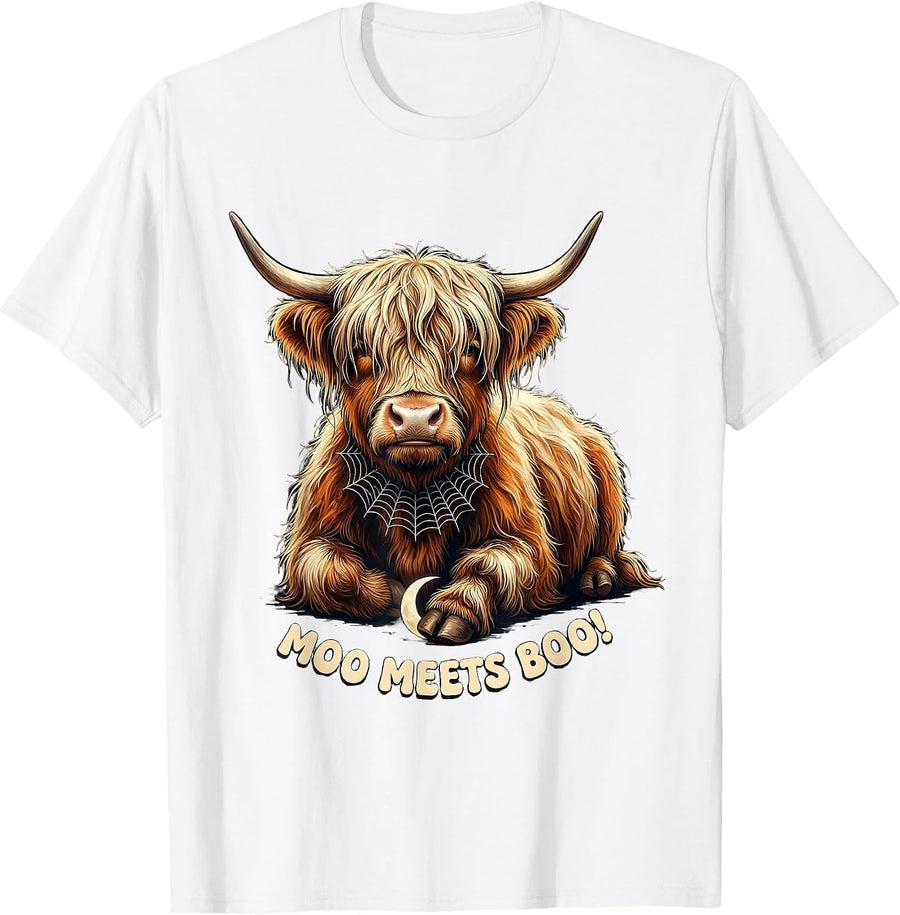 Men's Moo Meets Boo! Funny Highland Cow Fall Halloween Seasonal T-Shirt - White