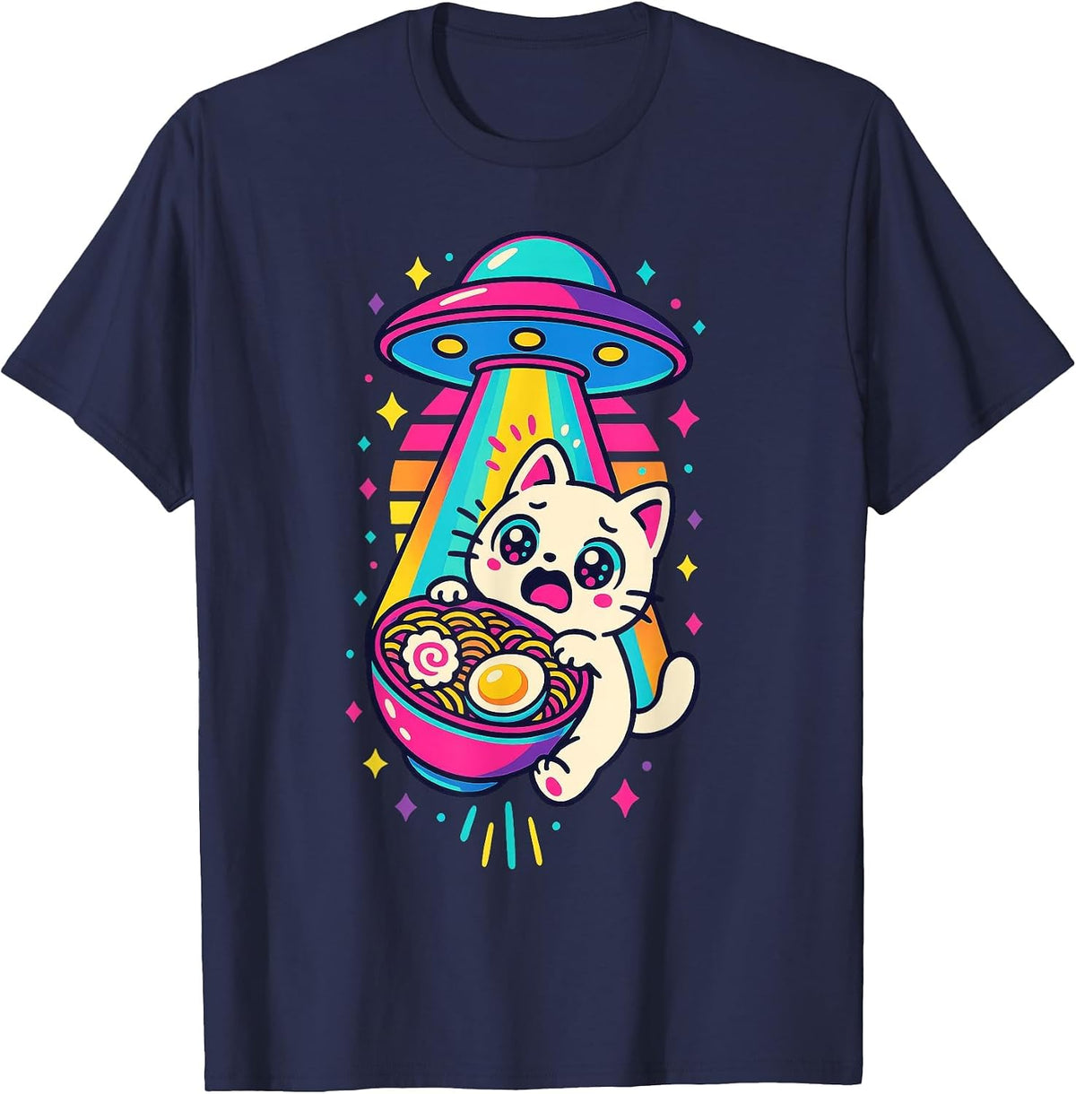 Funny Kawaii Cat Ramen UFO Japanese Anime Women Girls Teens T-Shirt - Navy Blue