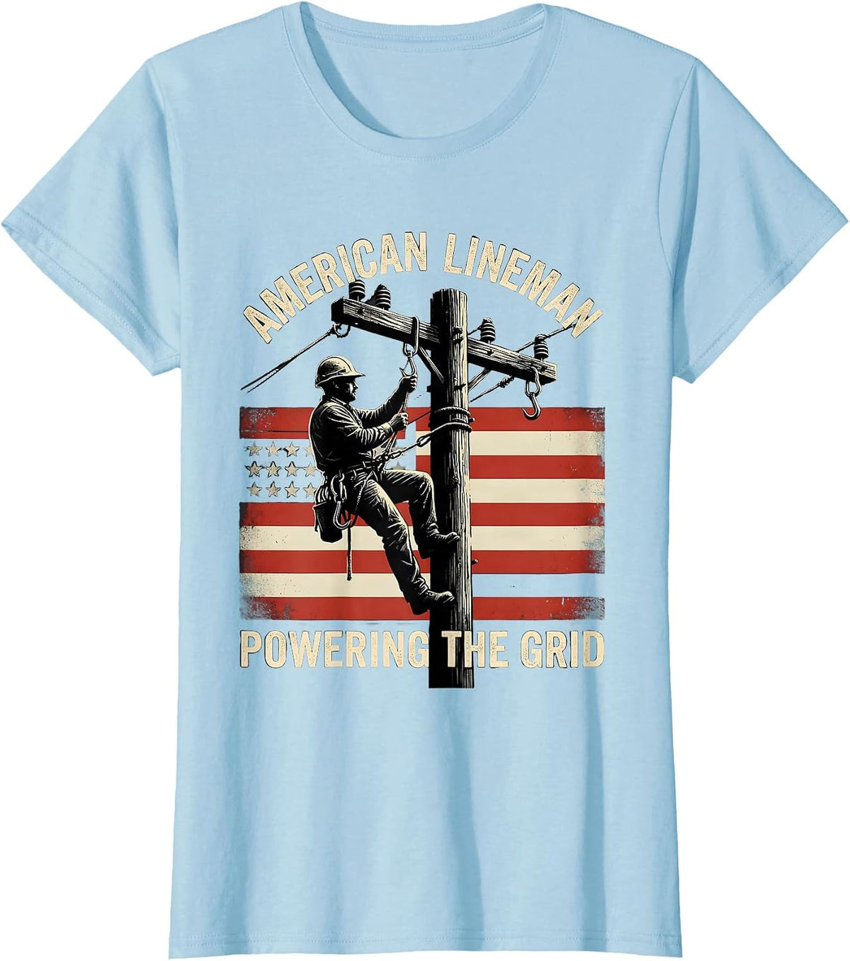 Women's American Lineman Powering the Grid Distressed Electrician T-Shirt - Baby Blue