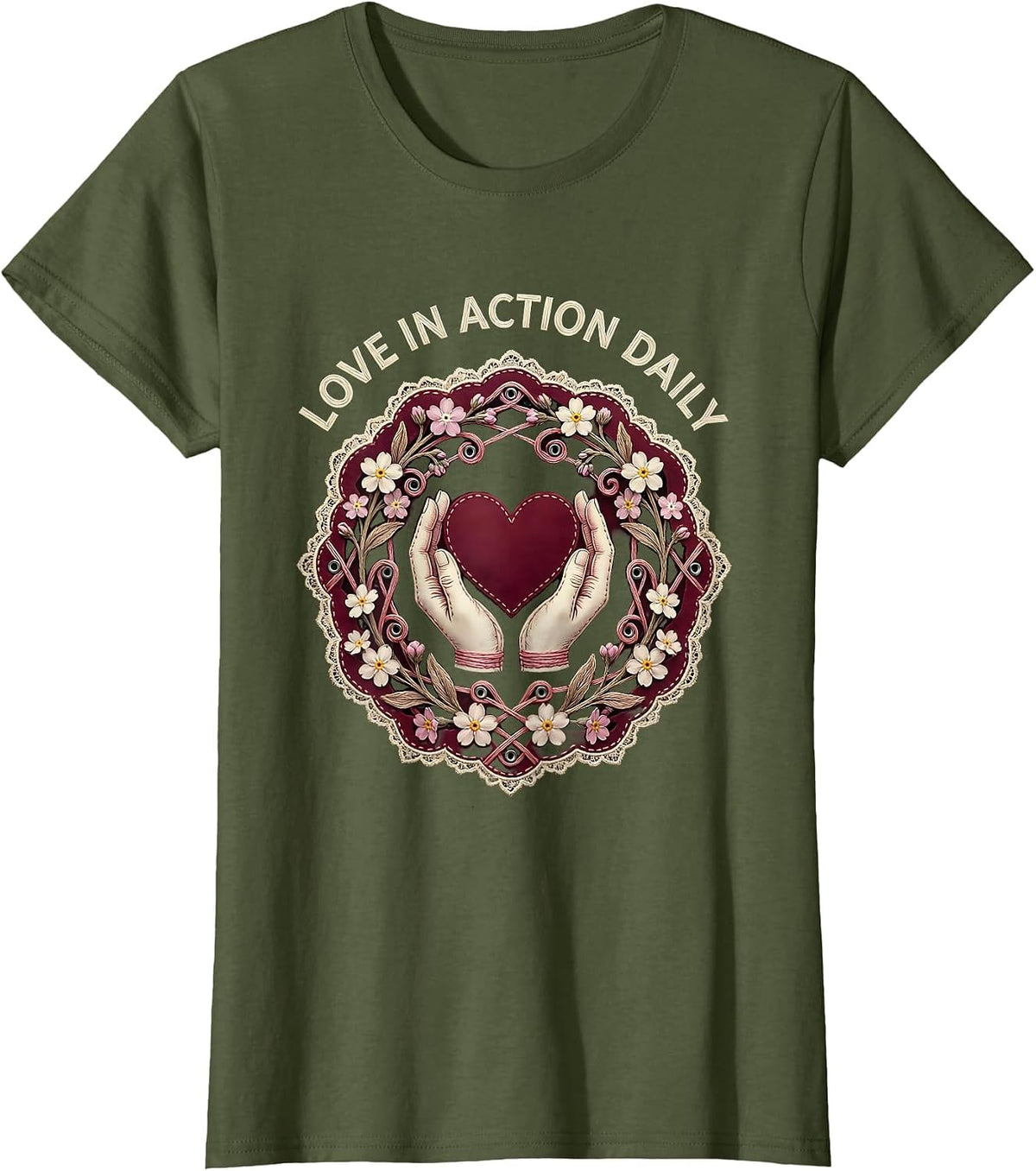 Women's Love In Action Daily Social Worker Design T-Shirt - Olive Green
