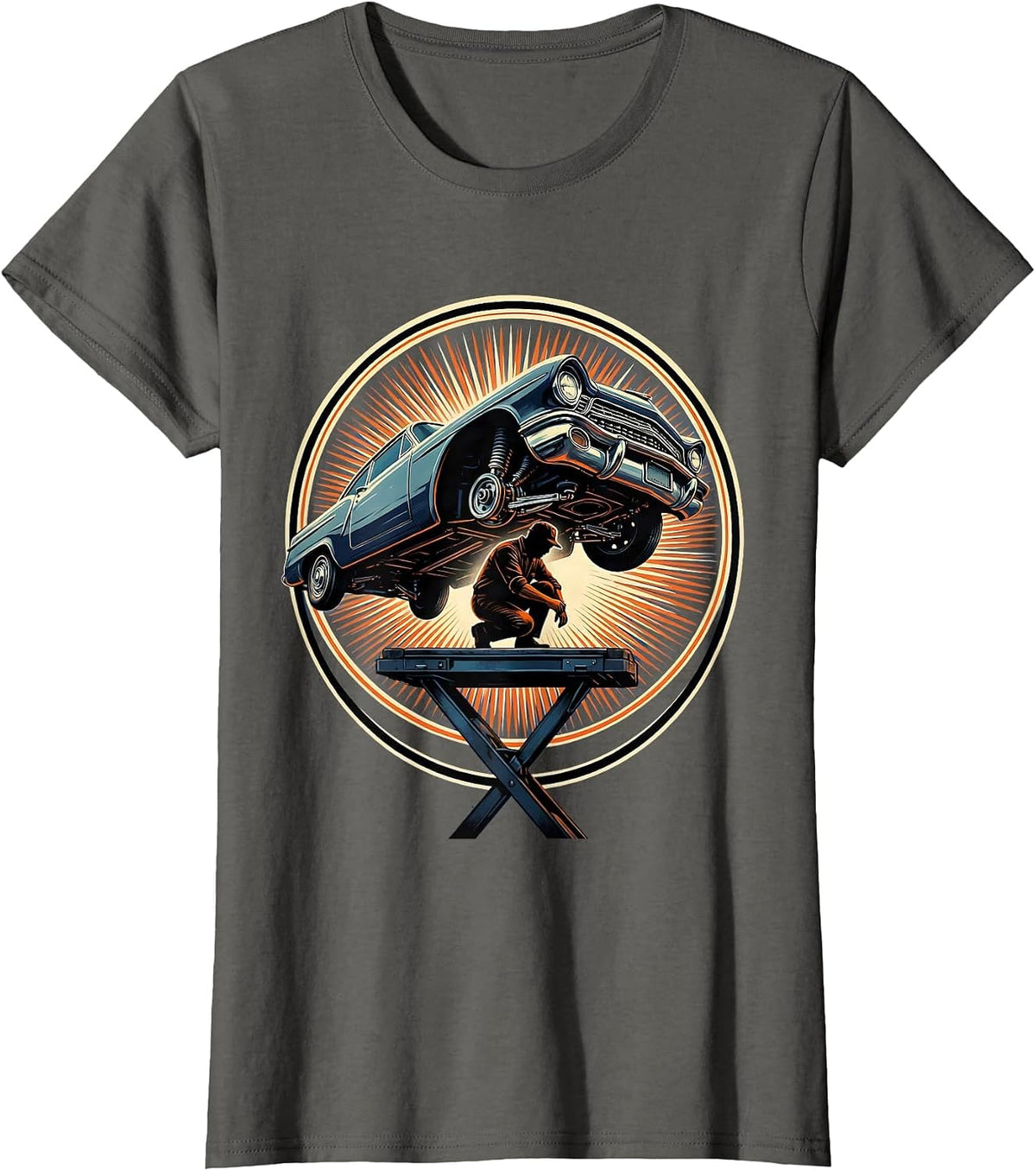Women's Mechanic Under Car Chassis Graphic Tee T-Shirt - Asphalt Grey