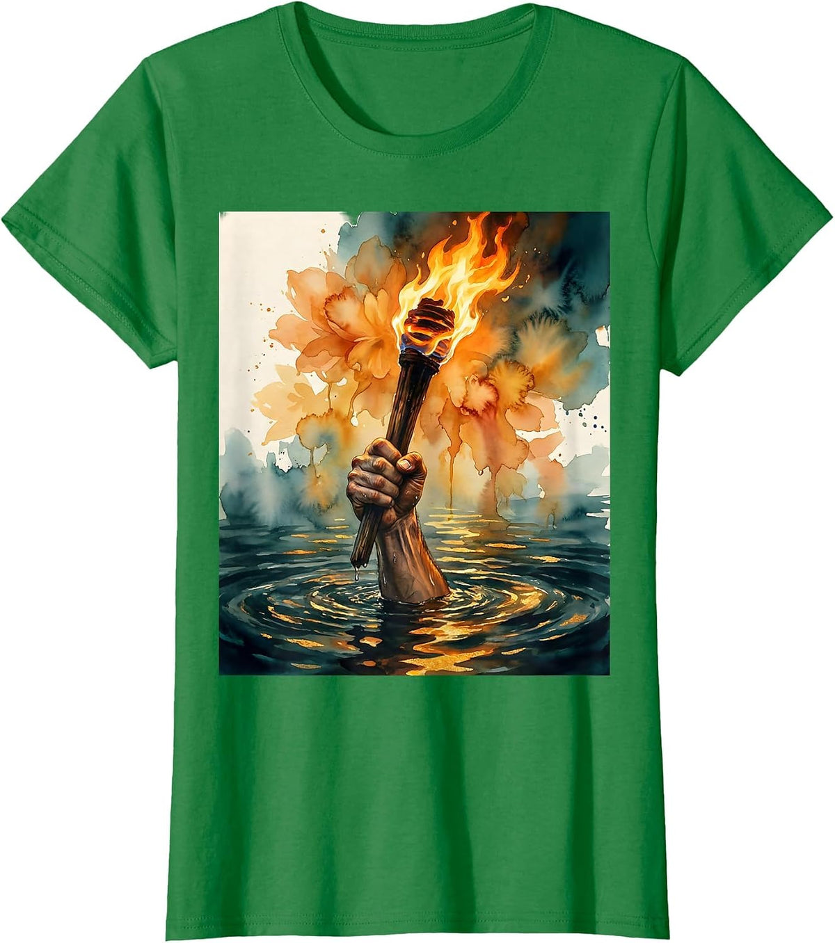 Women's Glowing Torch Over Water Faith Over Fear Graphic T-Shirt - Kelly Green