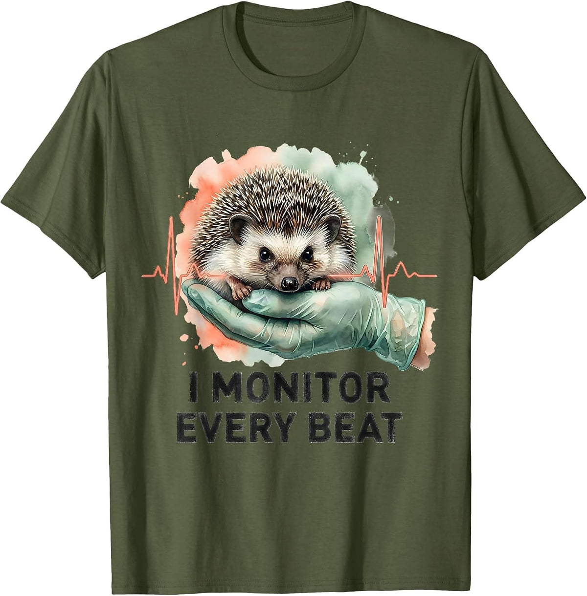 Men's I Monitor Every Beat Watercolor Vet Tech Veterinary Medicine T-Shirt - Olive Green