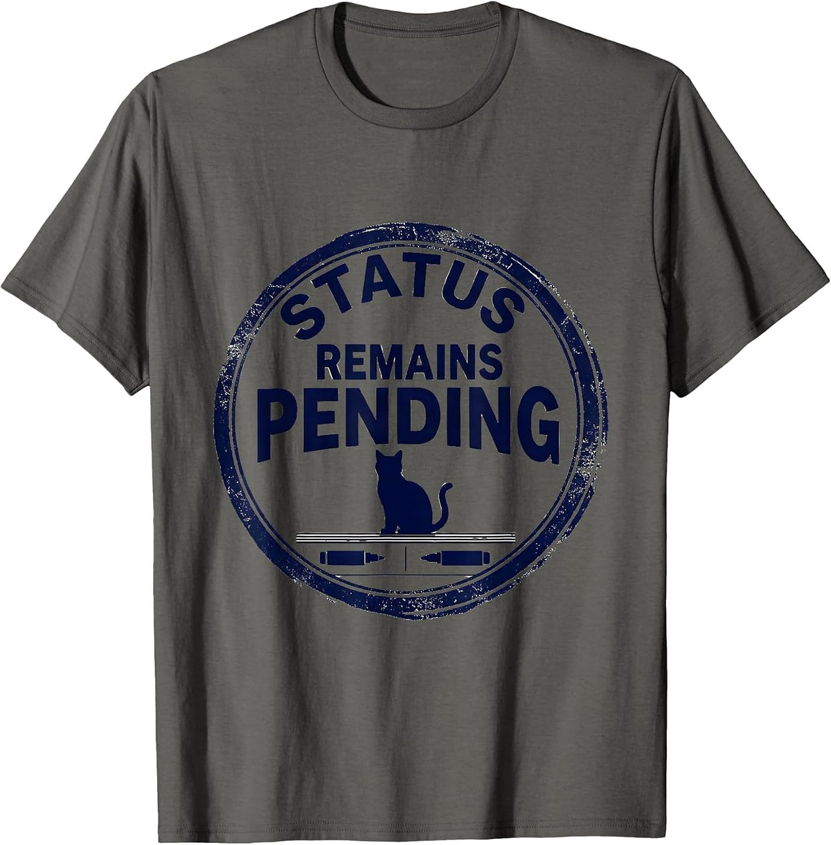Men's Status Remains Pending Rubber Stamp Physics Nerd Cat Humor T-Shirt - Asphalt Grey