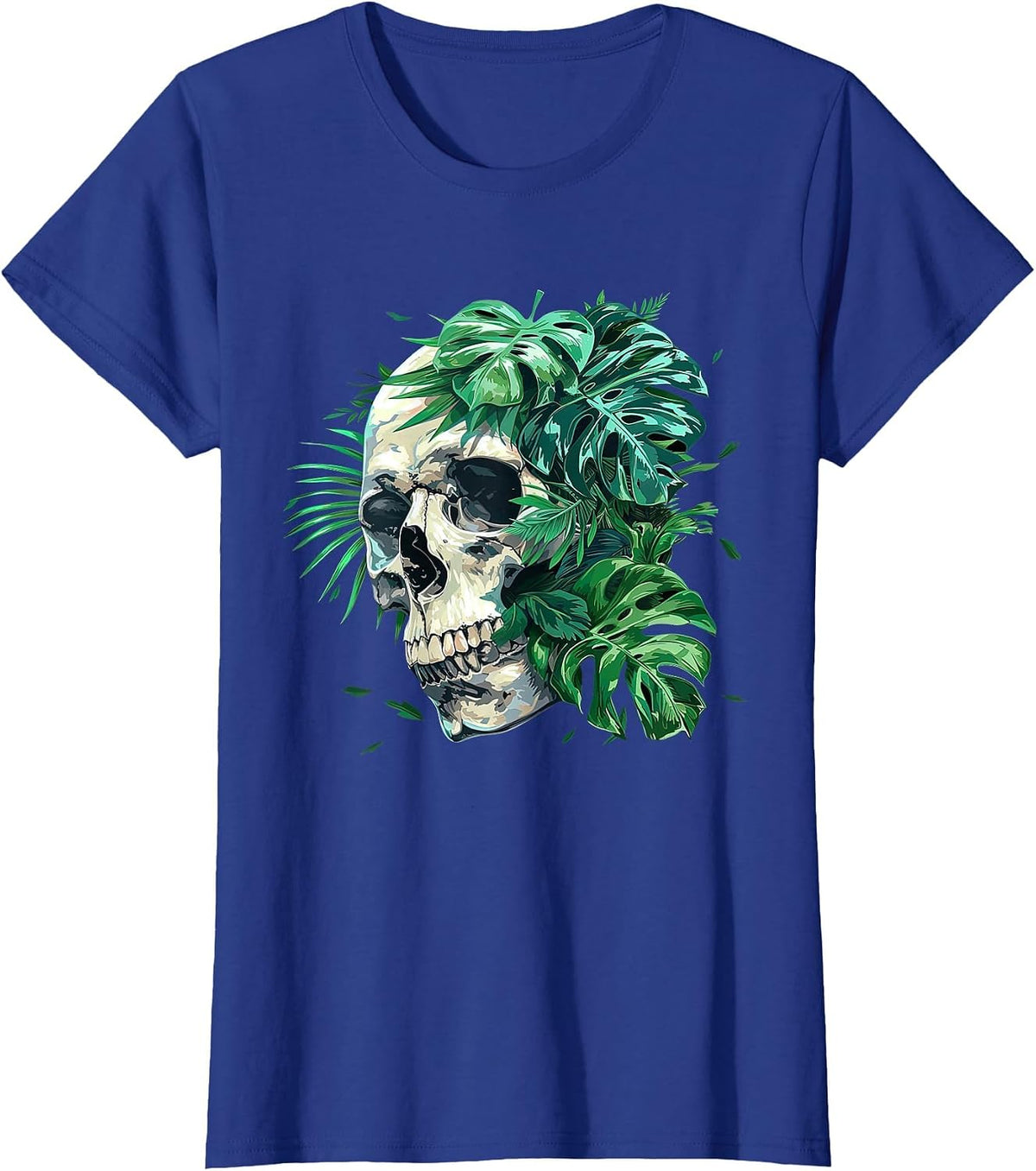 Aesthetic Goth Grunge Skull Tropical Monstera Leaf Skeleton T-Shirt - Royal Blue