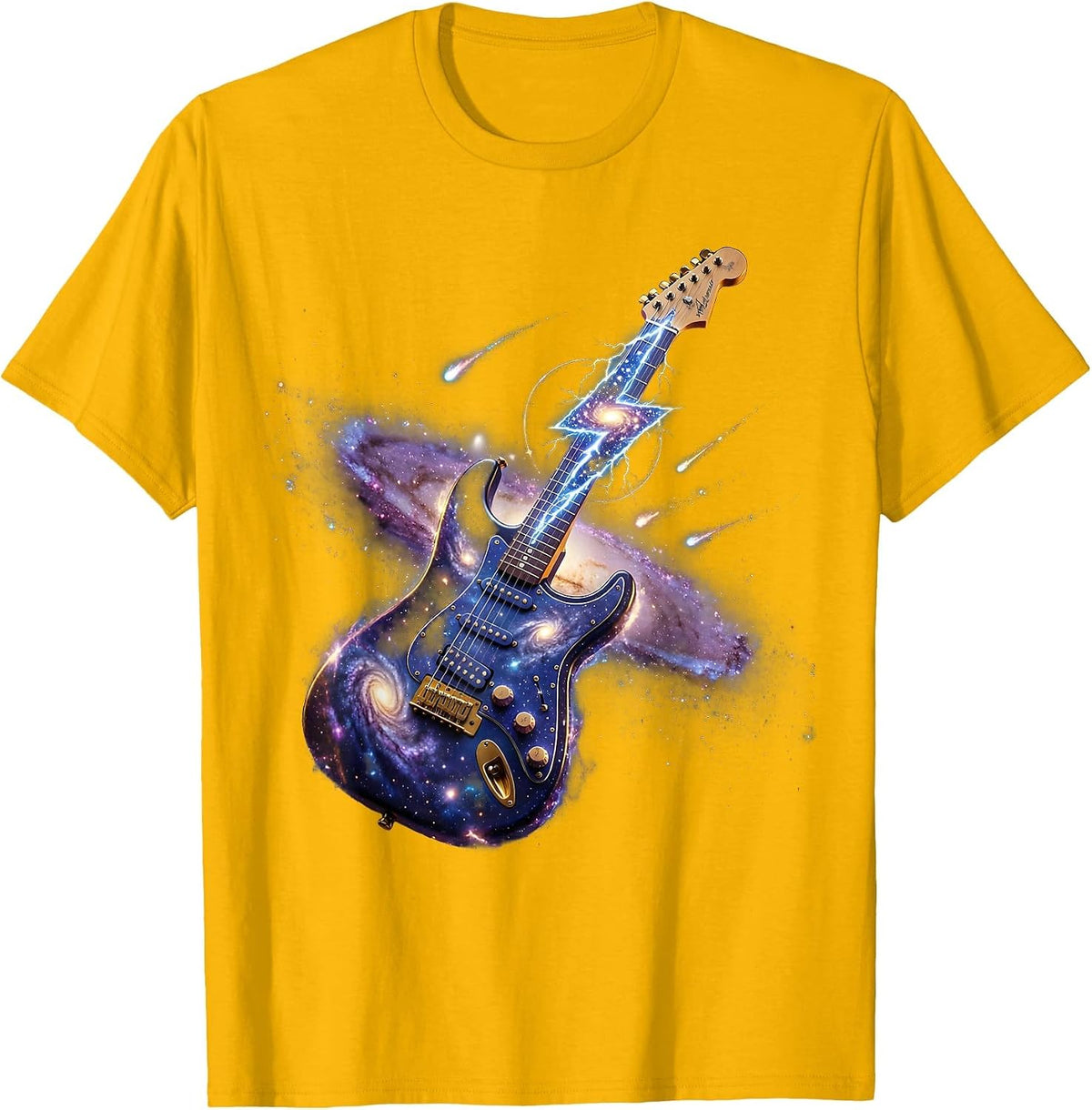 Lightning Bolt Electric Guitar Rock Music Graphic T-Shirt - Golden Yellow