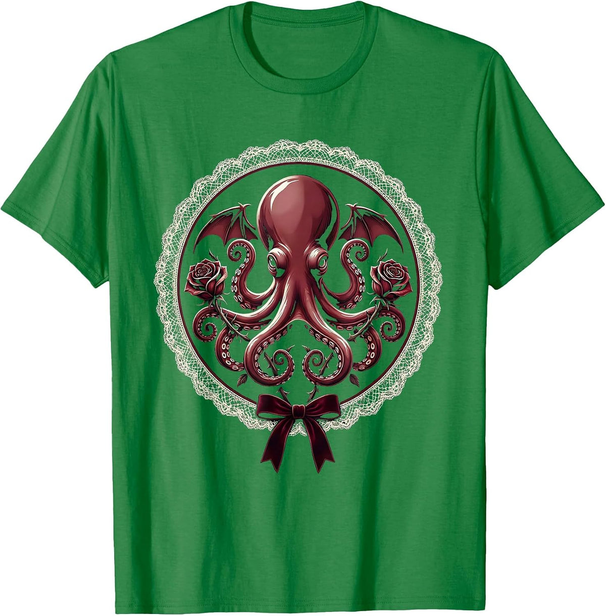 Men's Octopus Floral Tentacle Curl Art Design T-Shirt - Kelly Green