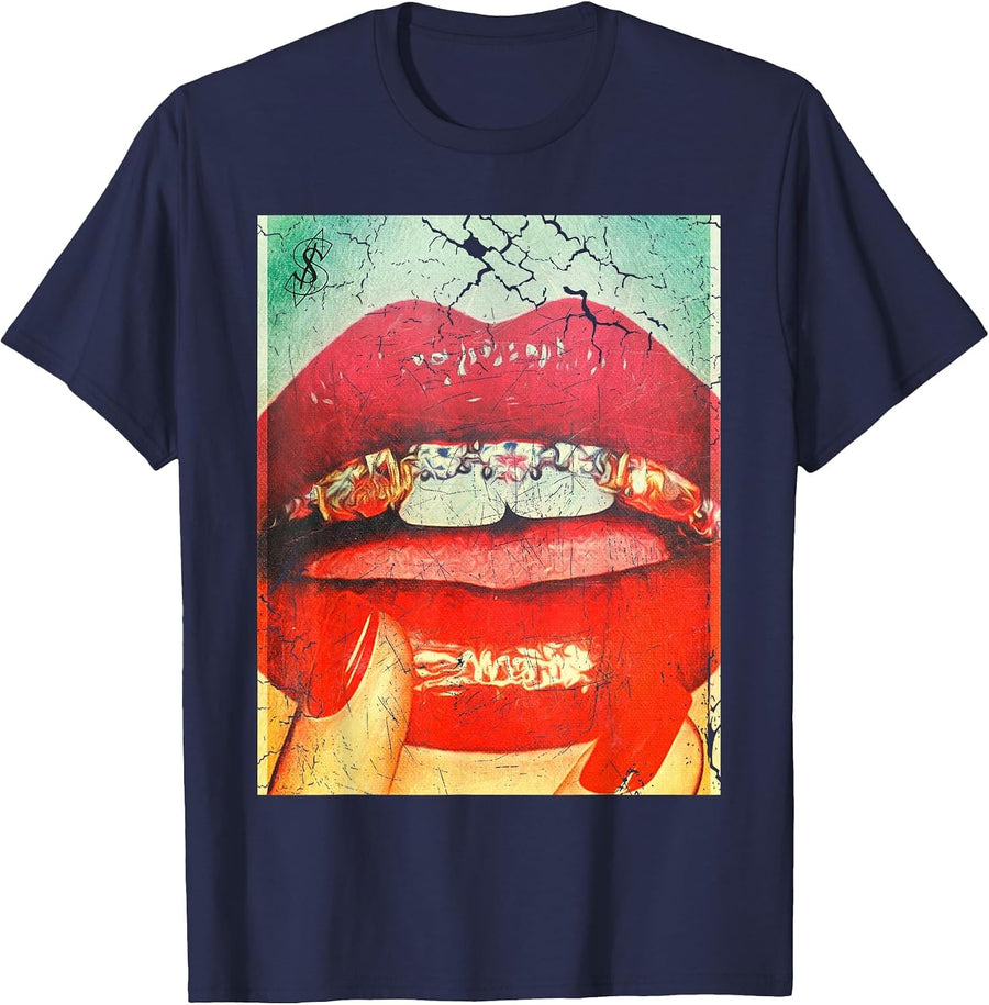Diamonds in the Mouth Red Lips and Grills T-Shirt - Navy Blue