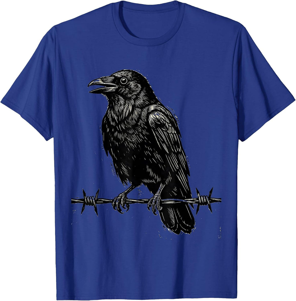 Crow Perched on Barbed Wire Fence Illustration T-Shirt - Royal Blue