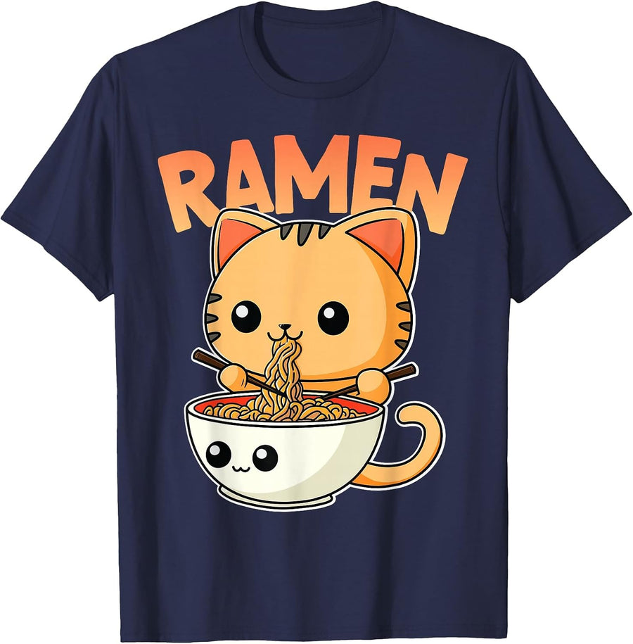 Kawaii Cat Eating Ramen - Cute Kitty T-Shirt - Navy Blue